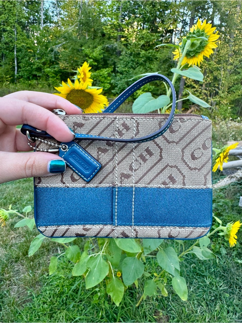 Coach Tan Signature Canvas Wristlet with Blue Denim Accent
